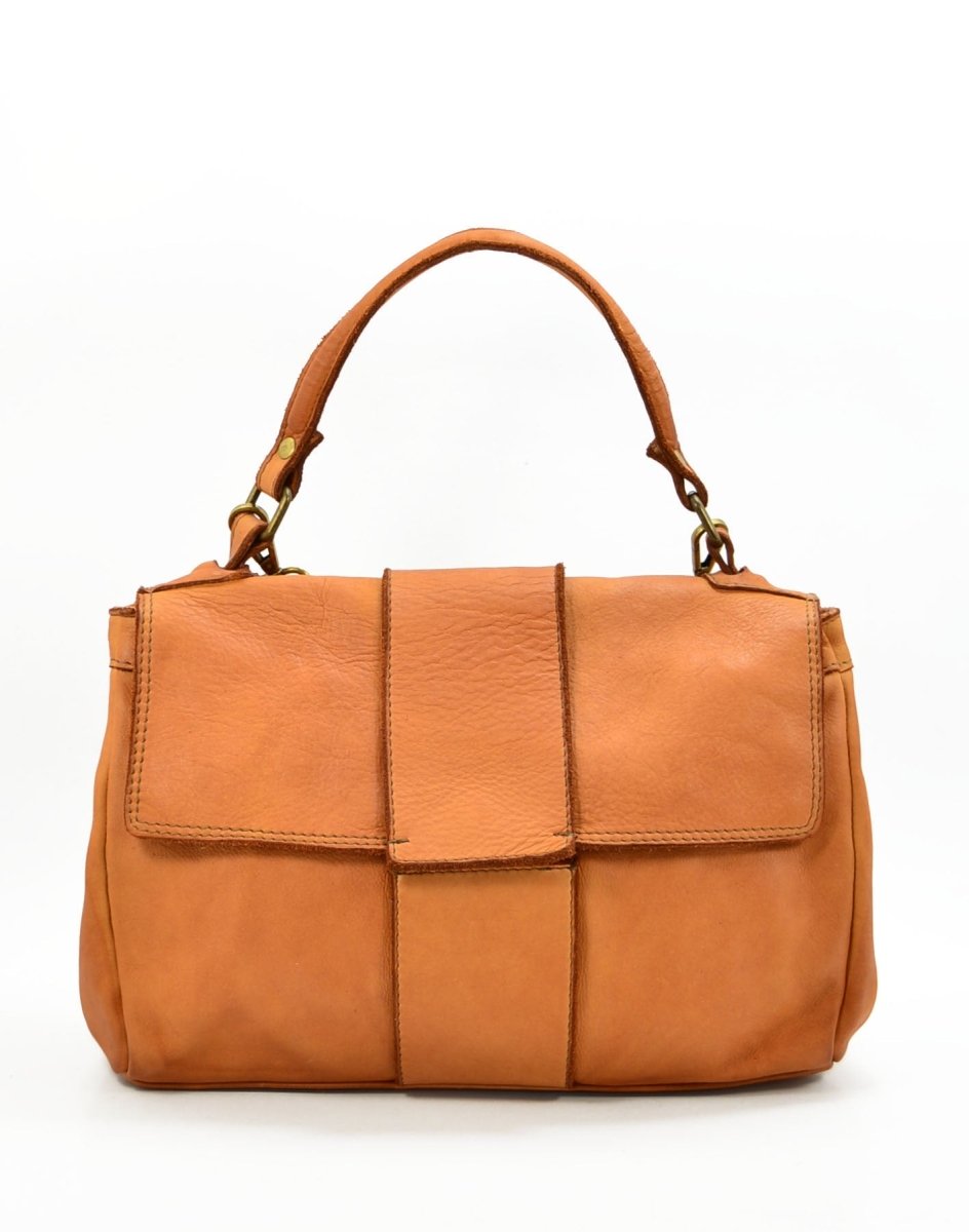 WPF-VWB-S136-Cognac Womens Handcrafted Vintage Shoulder Handbag with Cuffed Band Flap in Genuine Washed Calfskin Leather, Cognac - Small -  Italian Artisan