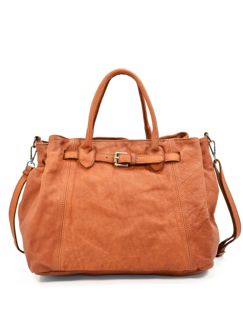 WPF-VWB-H170-Cognac Womens Handcrafted Vintage Washed Handbag in Genuine Washed Calfskin Leather, Cognac - Medium -  Italian Artisan