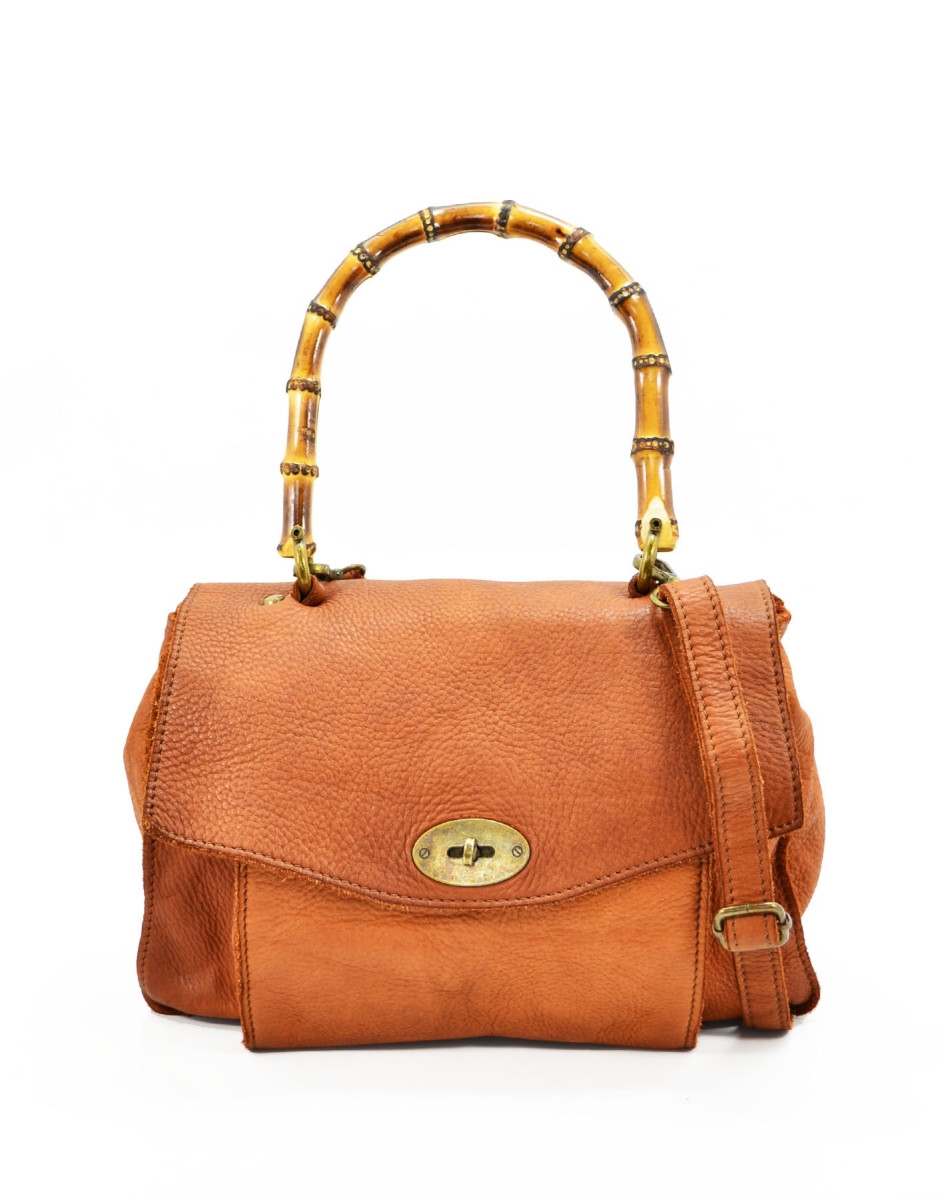 WPF-VWB-S099-Cognac Womens Handcrafted Vintage Bamboo Handle Handbag in Genuine Washed Calfskin Leather, Cognac - Small -  Italian Artisan