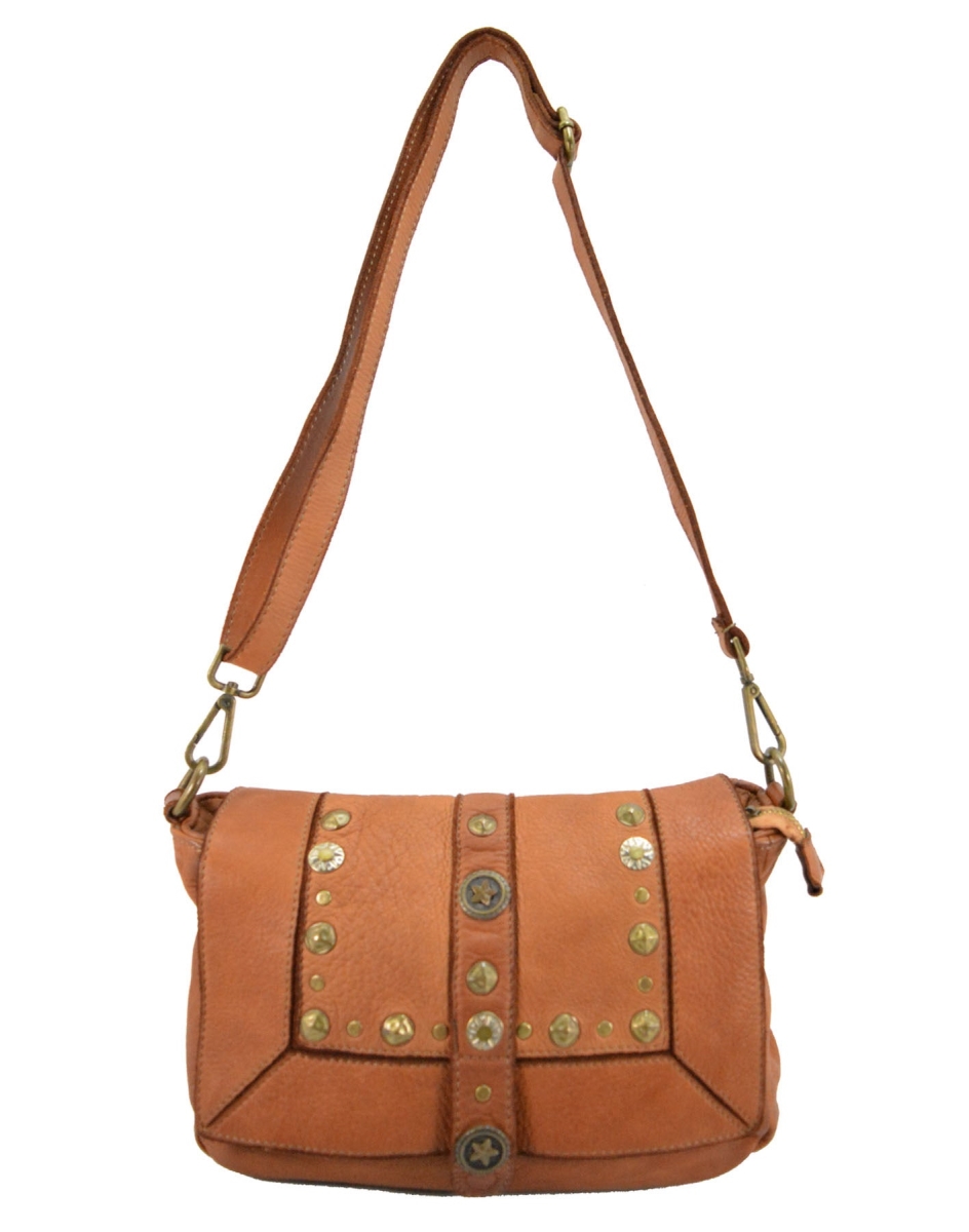 WPF-VWB-T010-Cognac Womens Handcrafted Vintage Studded Shoulder Handbag in Genuine Washed Calfskin Leather, Cognac - Small -  Italian Artisan