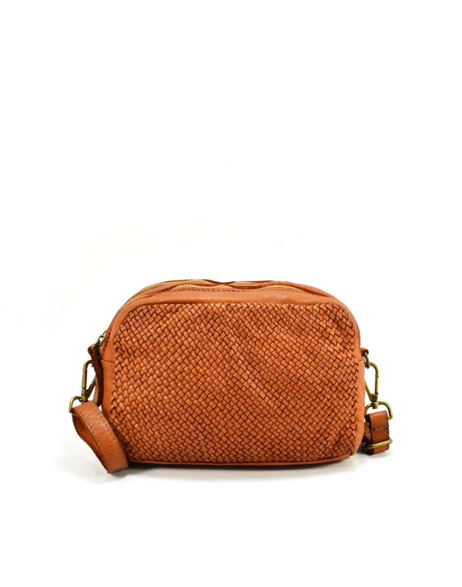 WPF-VWB-T015-Cognac Womens Handcrafted Vintage Washed Calfskin Leather Shoulder Handbag with Fine Front Weave Design, Cognac - Small -  Italian Artisan