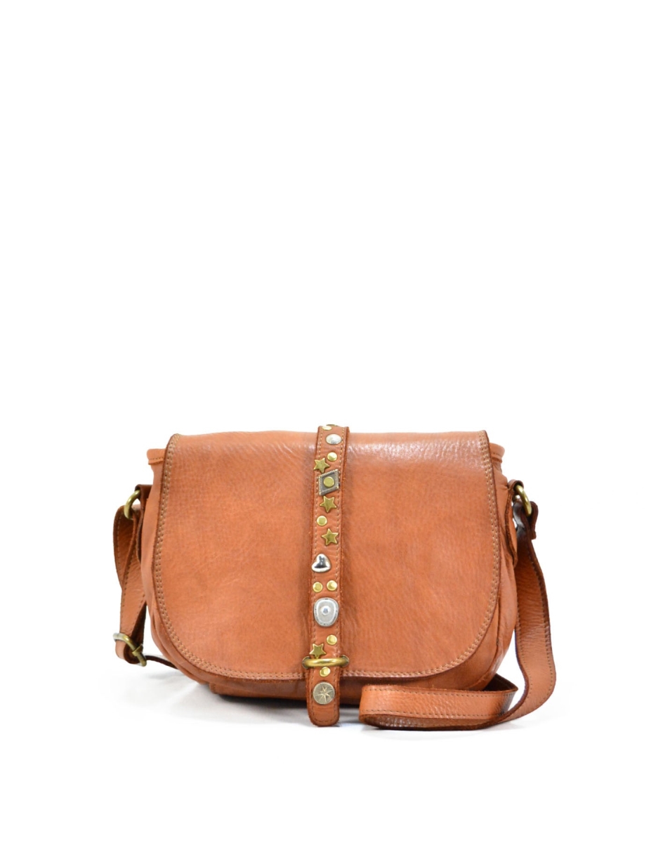 WPF-VWB-T018-Cognac Womens Handcrafted Vintage Washed Calfskin Leather Shoulder Handbag with Studs, Cognac - Small -  Italian Artisan