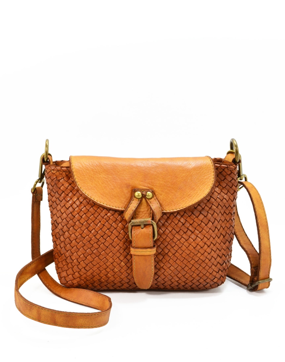 WPF-VWB-T042-Cognac Womens Handcrafted Vintage Washed Calfskin Leather Shoulder Handbag with Textured Flap, Cognac - Small -  Italian Artisan