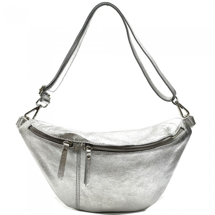 Picture of Italian Artisan 121-916-Silver Paola Leather Shoulder Fanny Pack&#44; Silver - Small