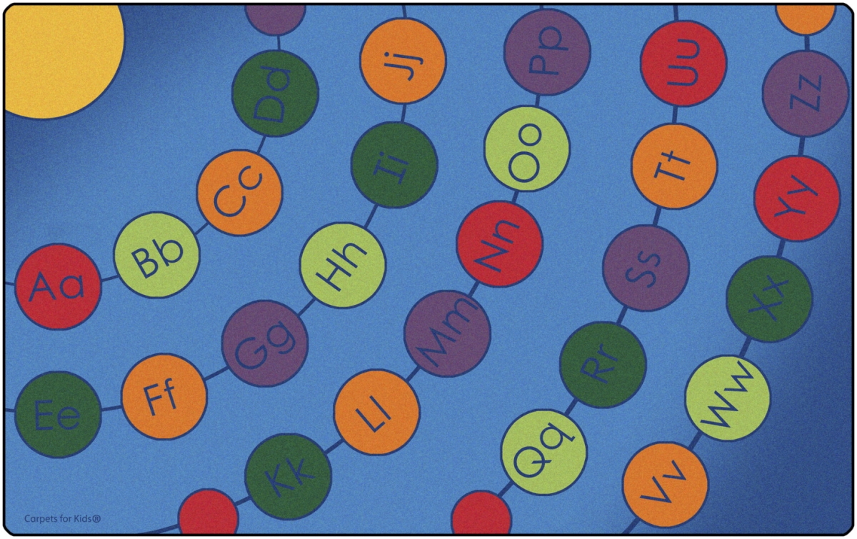 Picture of Carpets for Kids 1597605 Rectangle Radiating Alphabet Circles Seating Carpet&#44; 7 ft. 6 in. x 12 ft.