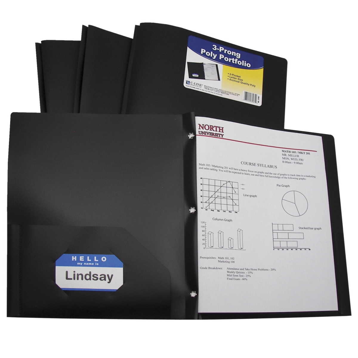 Two-Pocket Heavyweight Poly Portfolio Folder with Prongs - Black - Pack of 25