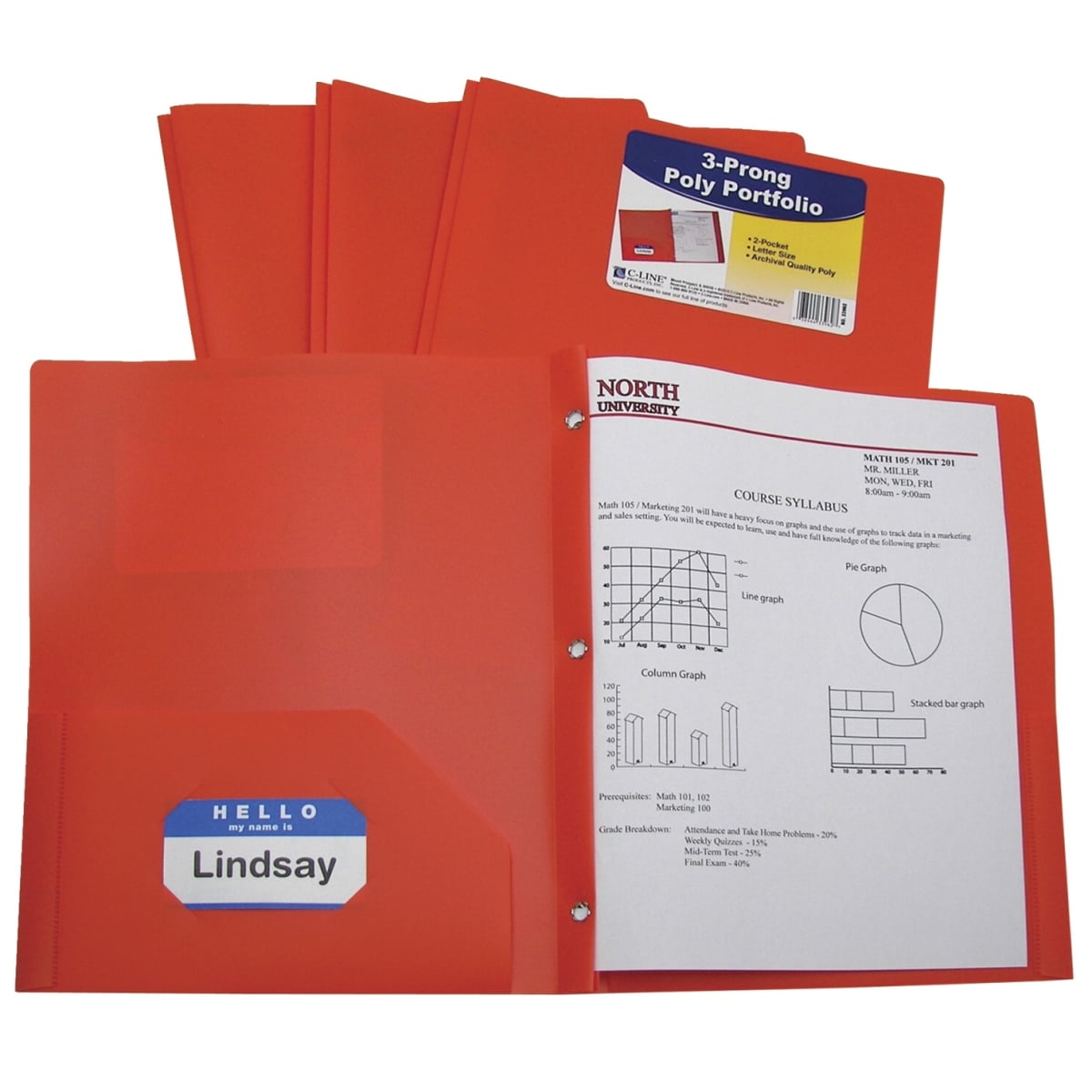 C-Line Products 1597278 Two-Pocket Heavyweight Poly Portfolio Folder with Prongs, Orange - Pack of 25
