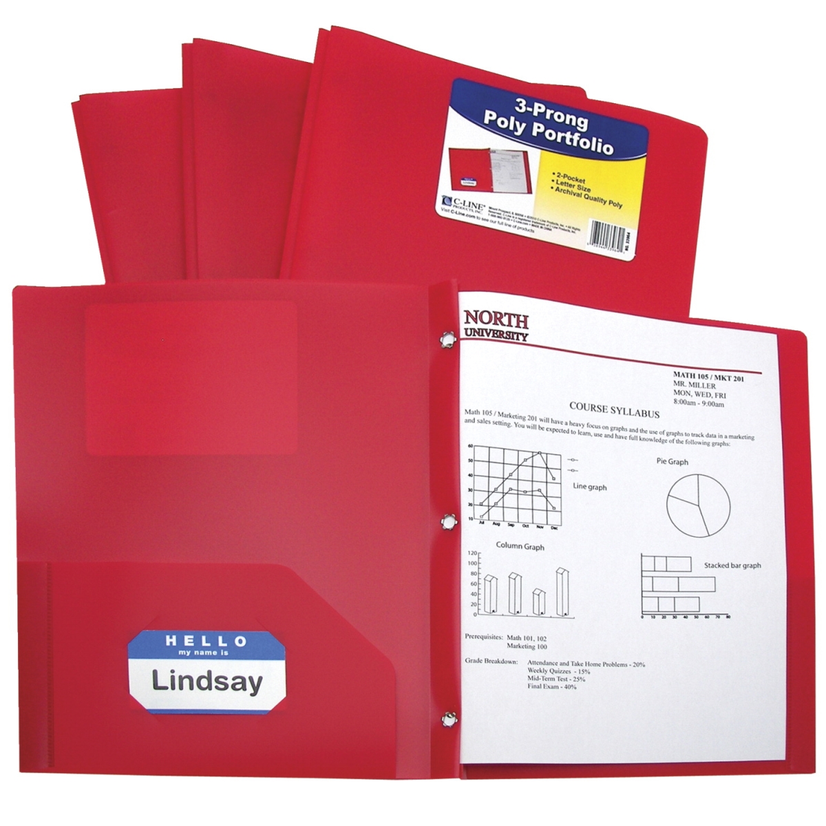 C-Line Products 1597280 Two-Pocket Heavyweight Poly Portfolio Folder with Prongs, Red - Pack of 25