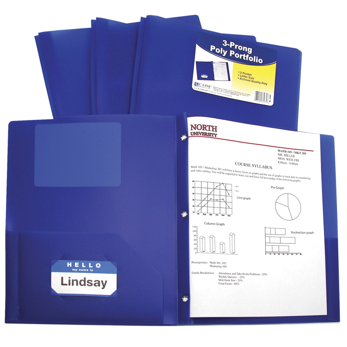 C-Line Products 1597281 Two-Pocket Heavyweight Poly Portfolio Folder with Prongs, Blue - Pack of 25