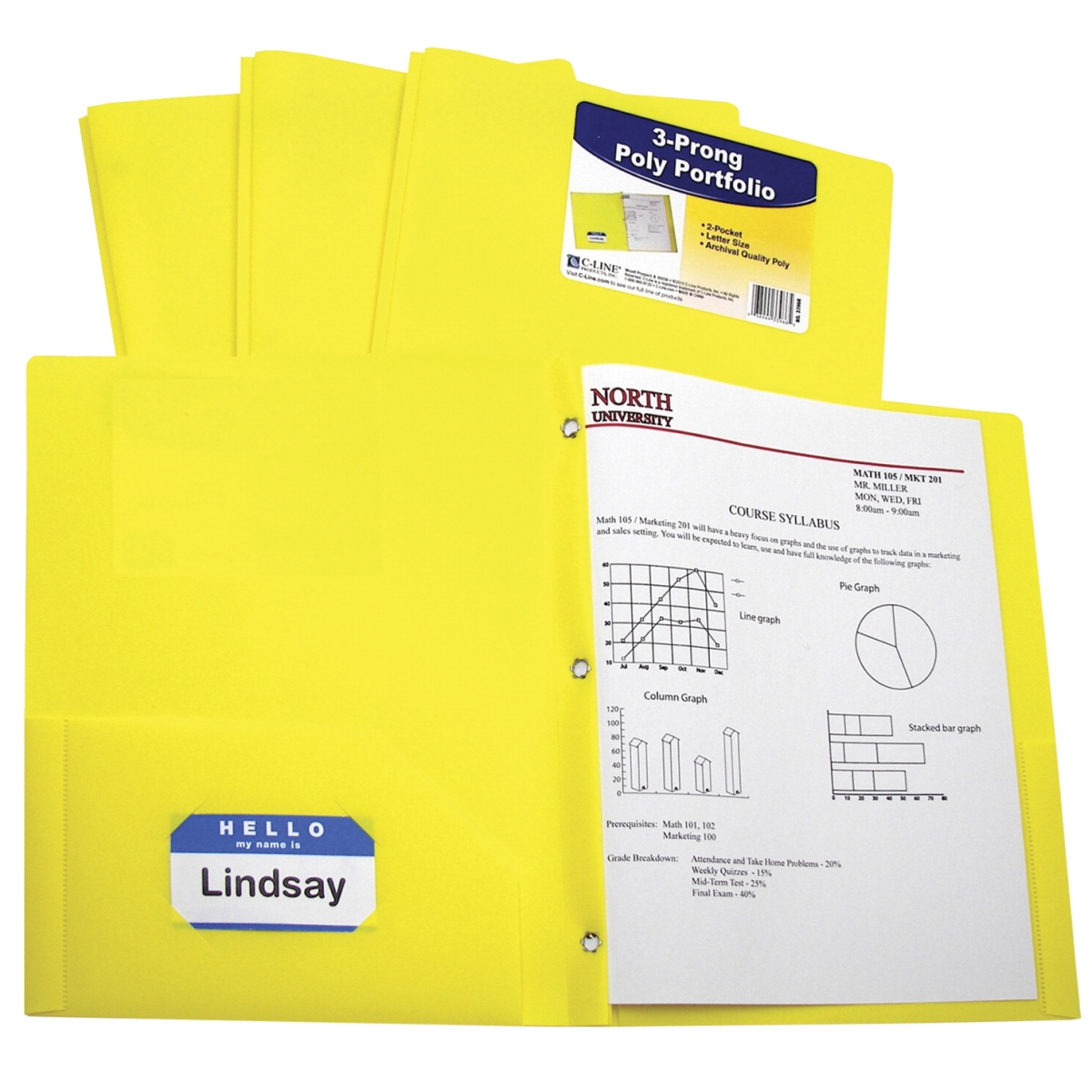 C-Line Products 1597282 Two-Pocket Heavyweight Poly Portfolio Folder with Prongs, Yellow - Pack of 25