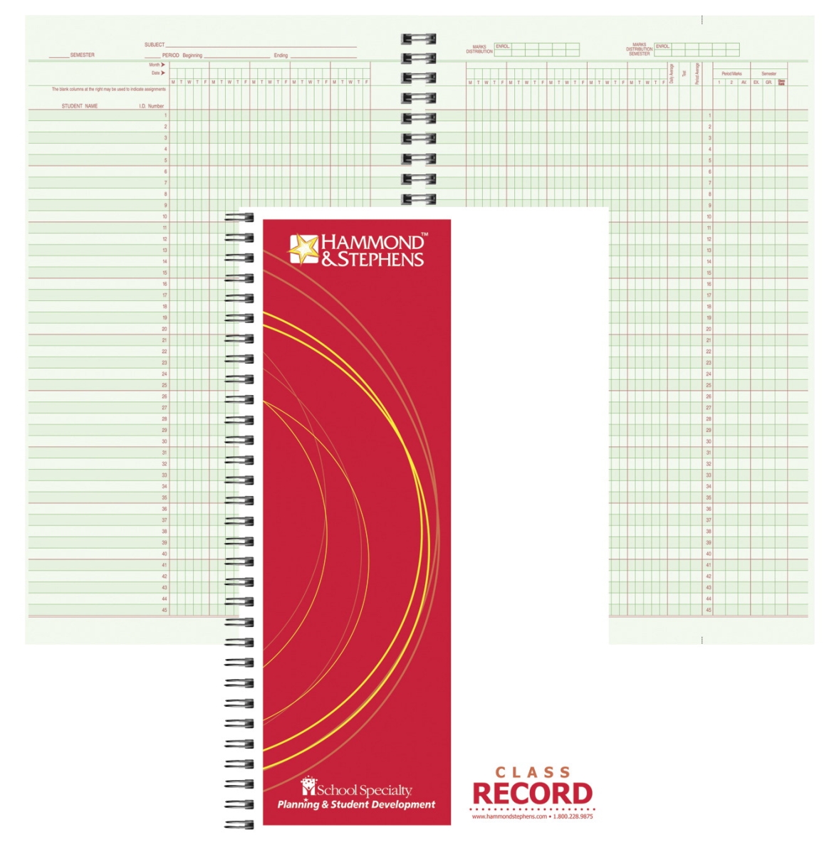 6.75 x 11 in. Wire-O Bound Class Record Book-PolyIce Cover - Green & Red - 45 Students & 9-10 Week