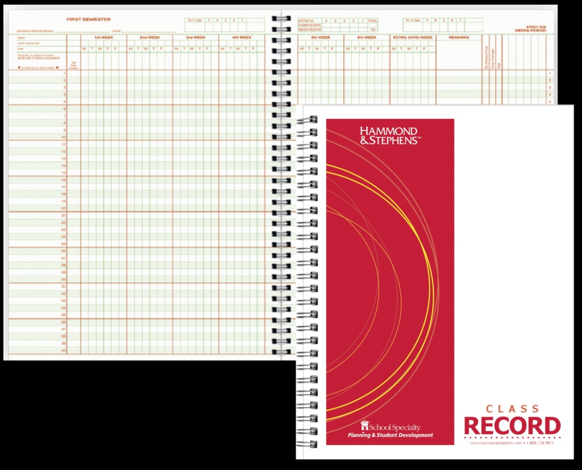0633 P Wire-O Bound Class Record Book, 8.5 x 11 in., 40 Students, 8 Subjects, 0.9 Week, Green & Red