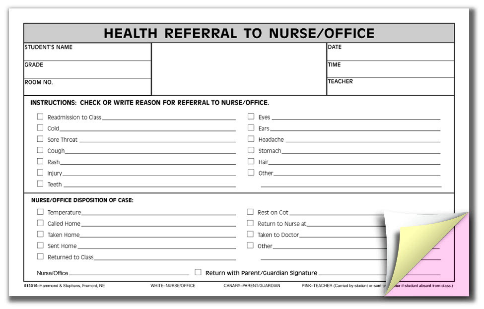 1473626 3 Parts Carbonless Nurse & Office Referral Form, 5 x 8 in. - Pink - Canary - White - Pack of 100