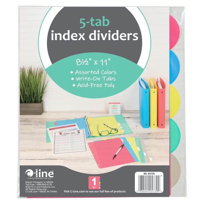 C-Line 1536836 Poly Binder Index Dividers, Assorted Colors - 5-Tab Set