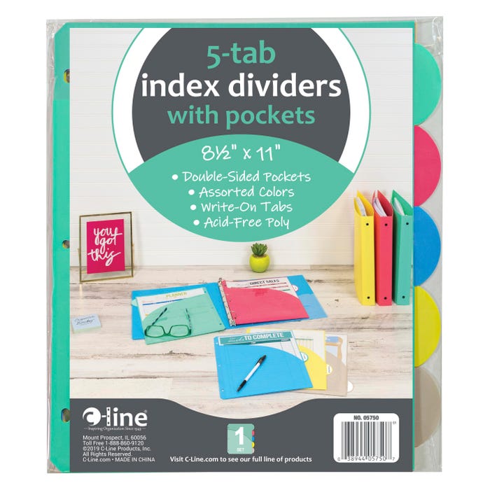 C-Line 1536837 Poly Binder Index Dividers with Slant Pocket, Assorted Color - 5-Tab Set