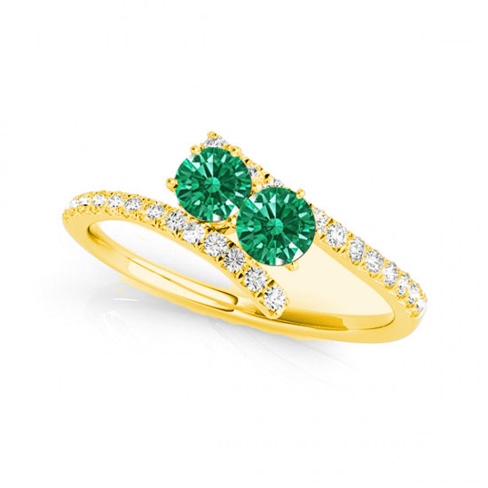 R781-EM-D-.50-14Y-i-1 0.5 14K Yellow Gold Emerald Two Stone Rings, i-1 Round