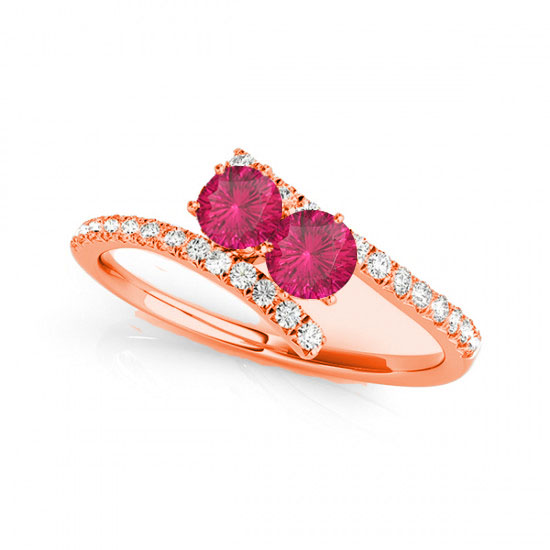 R781-RB-D-.75-14R-i-1 0.75 14K Rose Gold Rubilite Two Stone Rings, i-1 Round