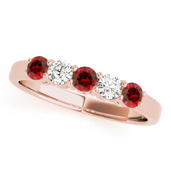 Red & White 5 Stones Wedding Band - 14k Rose Gold