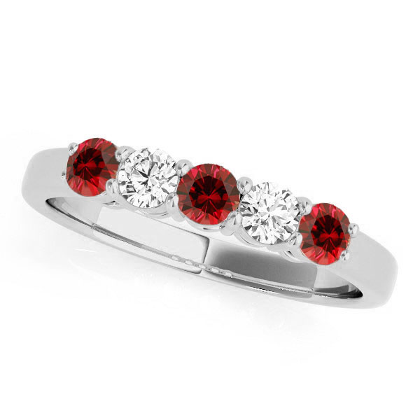 Red & White 5 Stones Wedding Band - 14k White Gold