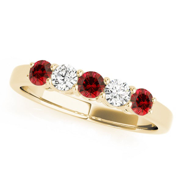 Red & White 5 Stones Wedding Band - 14k Yellow Gold
