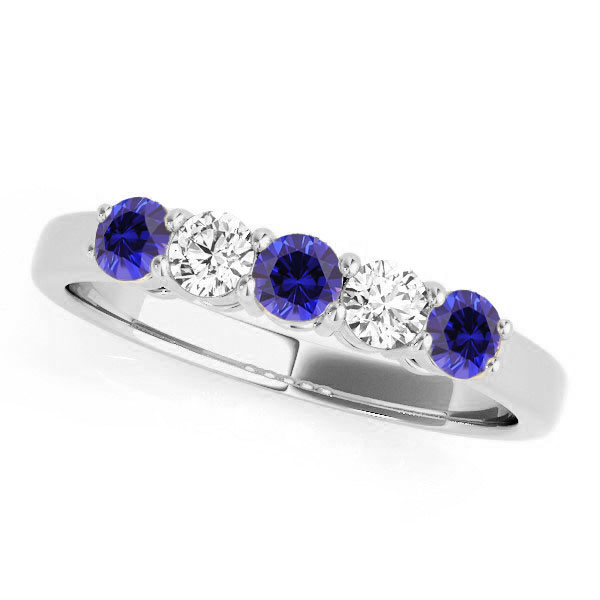 Purple & White 5 Stones Wedding Band - 14k White Gold