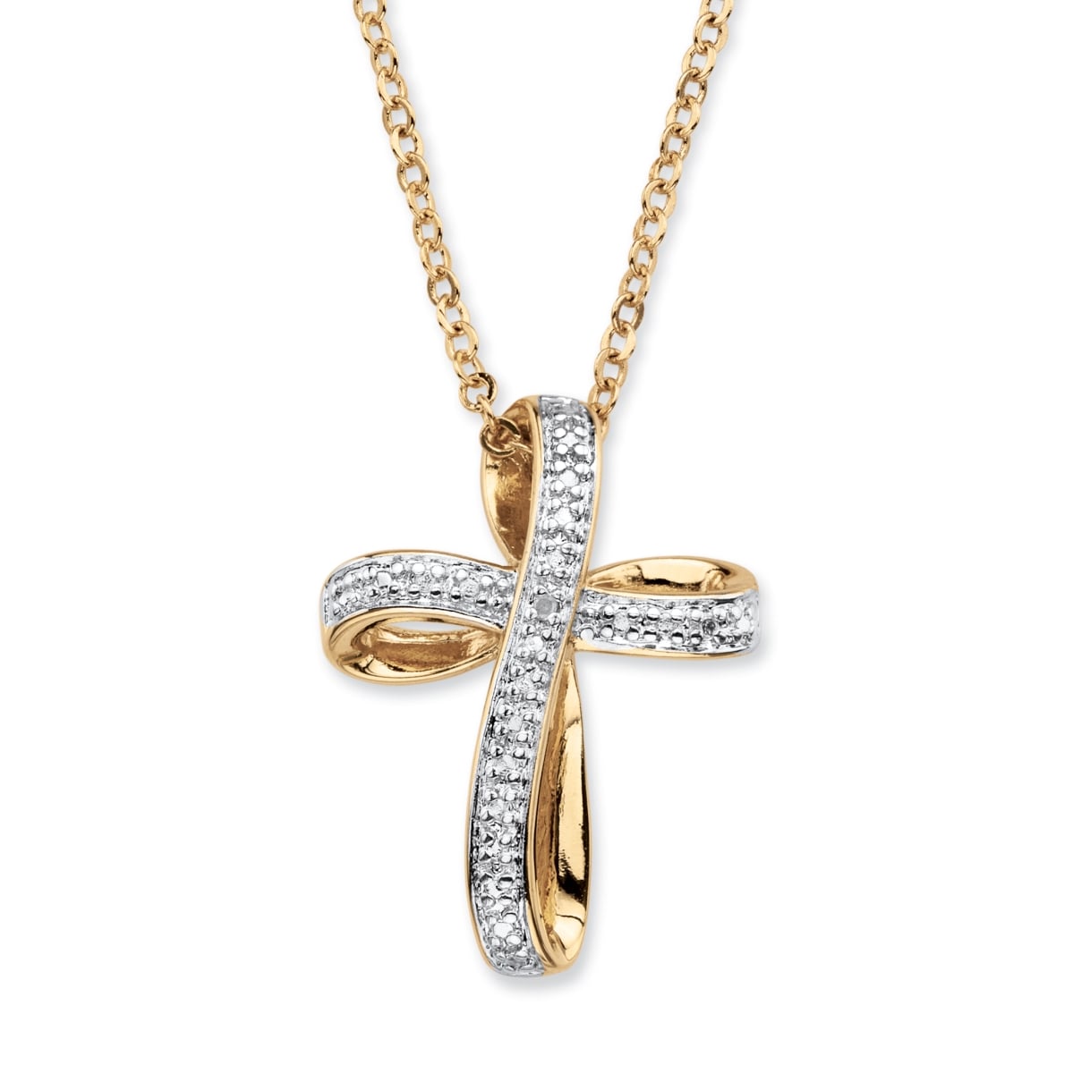 57710 18k White Diamond Accent Two Tone Pave Style Ribbon Loop Yellow Gold Plated Cross Pendant Necklace - 18 in.