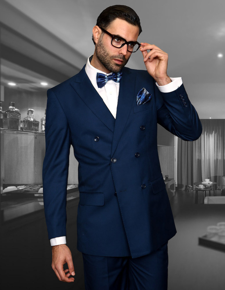 TZD-100-SAPPHIRE-44L Mens Double Breasted Regular Fit with Pleated Pants Super 150s Suit, Sapphire - Size 44L