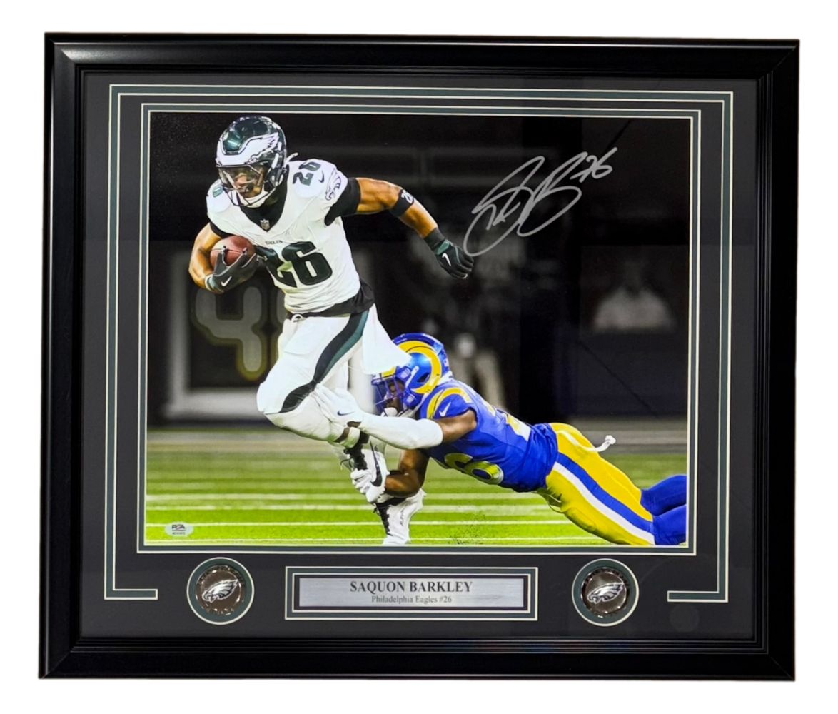 59126 Saquon Barkley Signed Framed 16 x 20 in. Philadelphia Eagles vs Rams Photo PSA & DNA ITP
