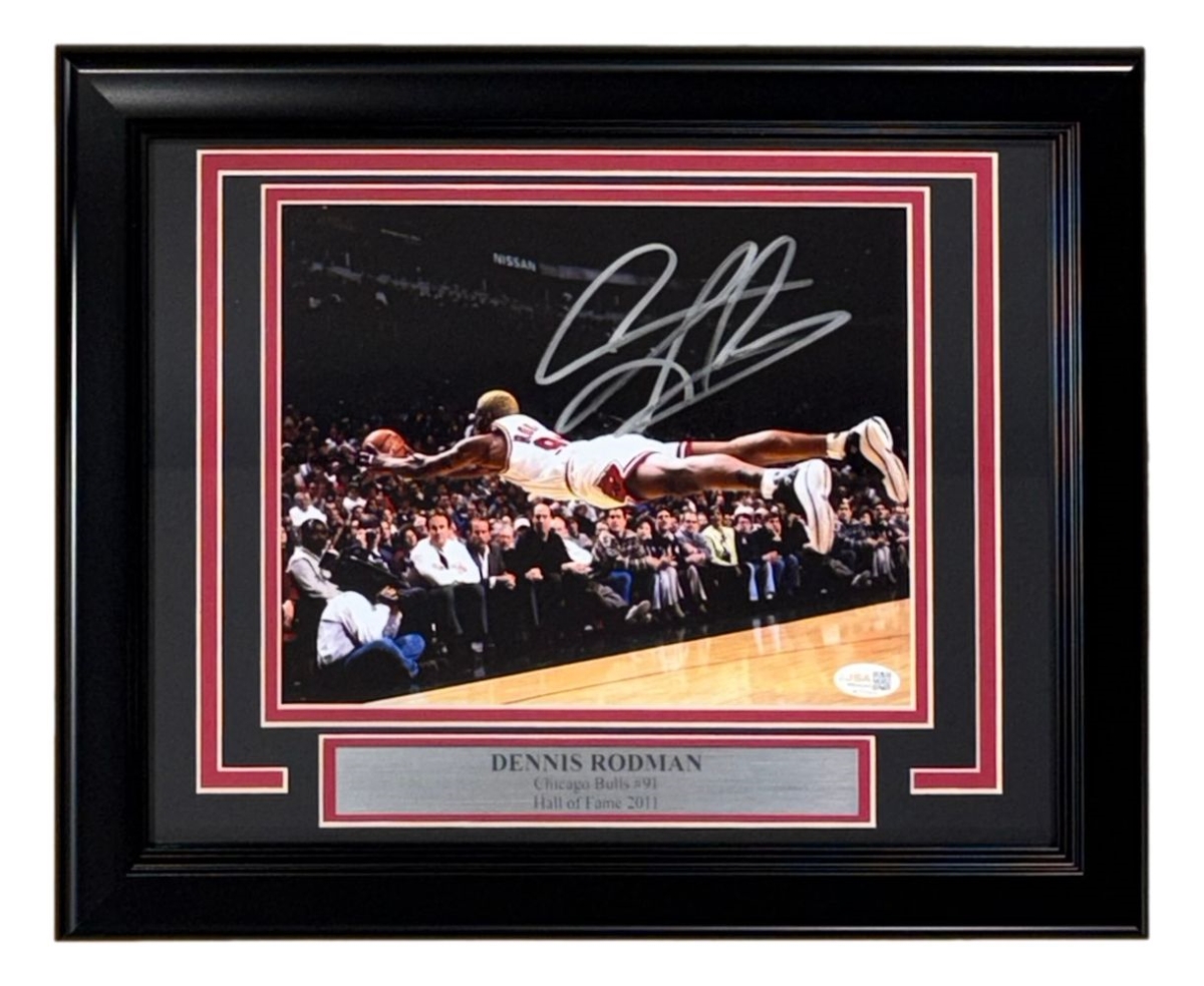 60912 Dennis Rodman Signed Framed 8 x 10 in. Chicago Bulls Dive Photo JSA QR