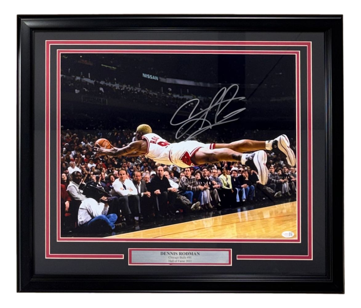 60919 Dennis Rodman Signed Framed 16 x 20 in. Chicago Bulls Dive Photo JSA QR