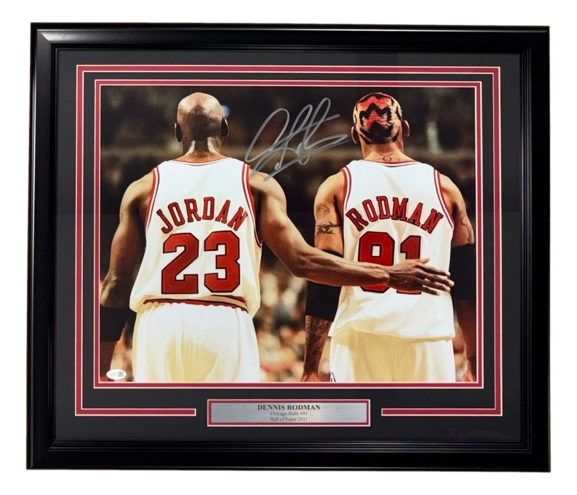 60920 Dennis Rodman Signed Framed 16 x 20 in. Chicago Bulls Photo with Michael Jordan JSA QR
