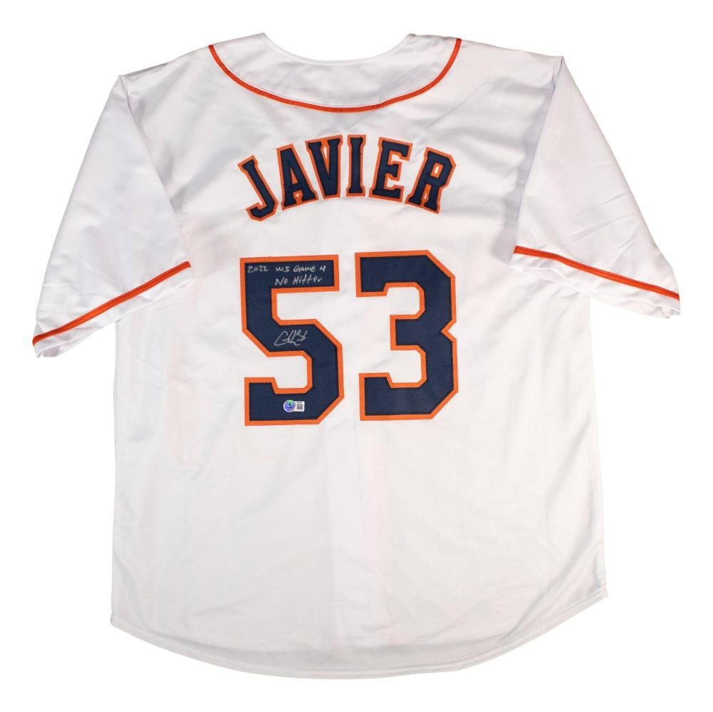 60939 Christian Javier Houston Signed White Baseball Jersey Game 4 No Hitter BAS