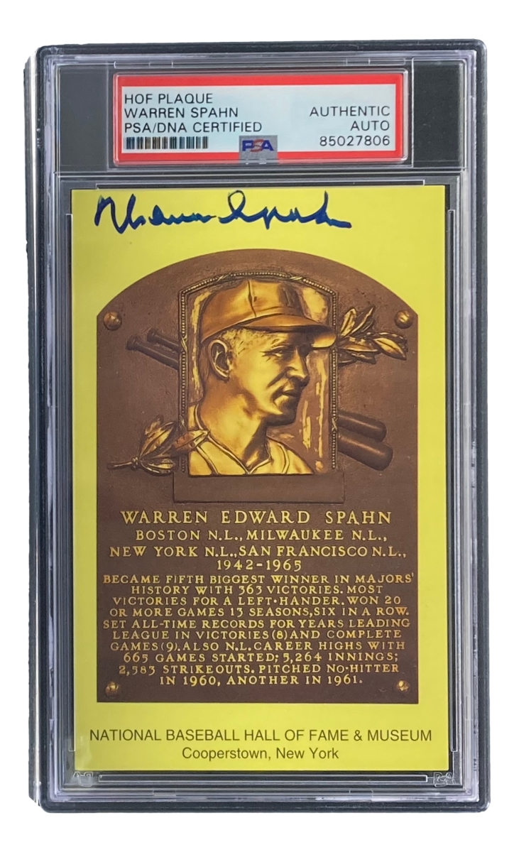 51640 Warren Spahn Signed 4 x 6 in. Milwaukee Braves Hall Of Fame Plaque Card PSA & DNA 85027806