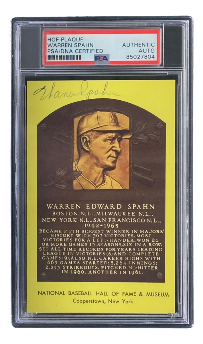 51642 Warren Spahn Signed 4 x 6 in. Milwaukee Braves Hall Of Fame Plaque Card PSA & DNA 85027804