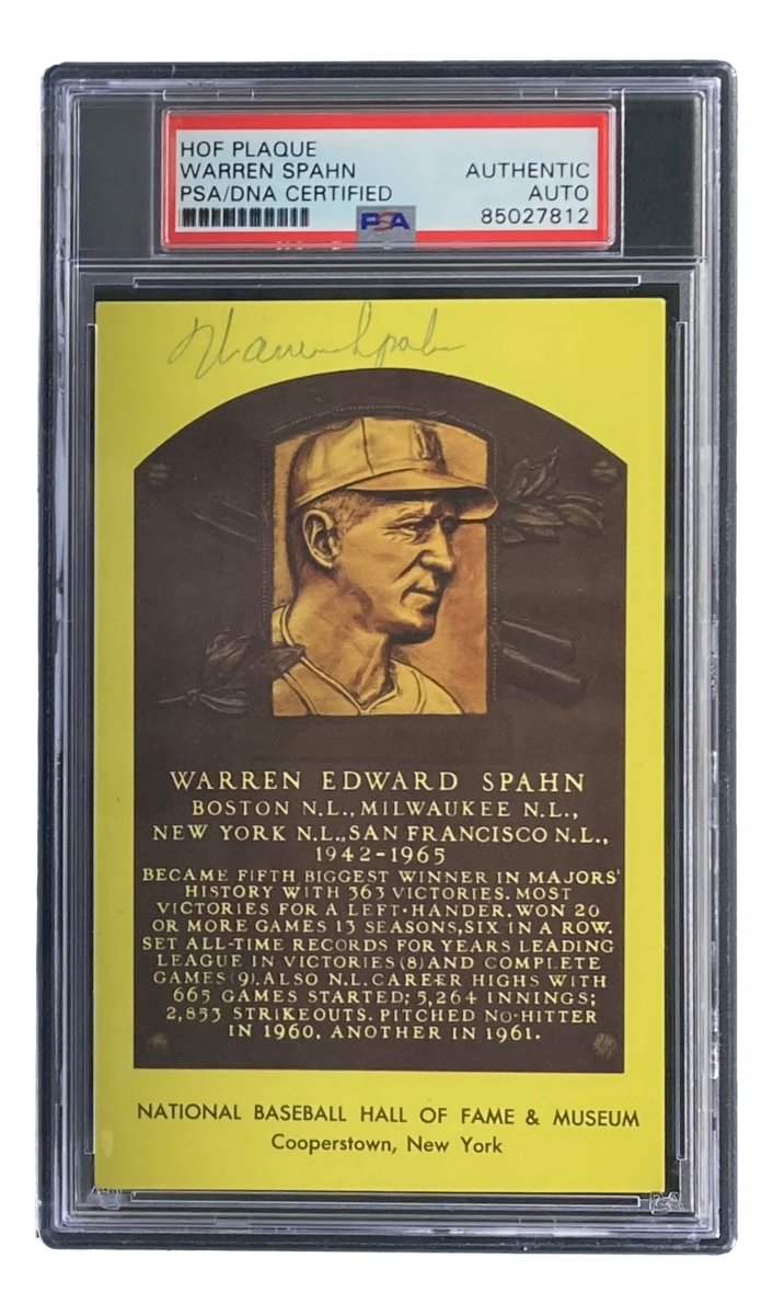 51644 Warren Spahn Signed 4 x 6 in. Milwaukee Braves Hall Of Fame Plaque Card PSA & DNA 85027812