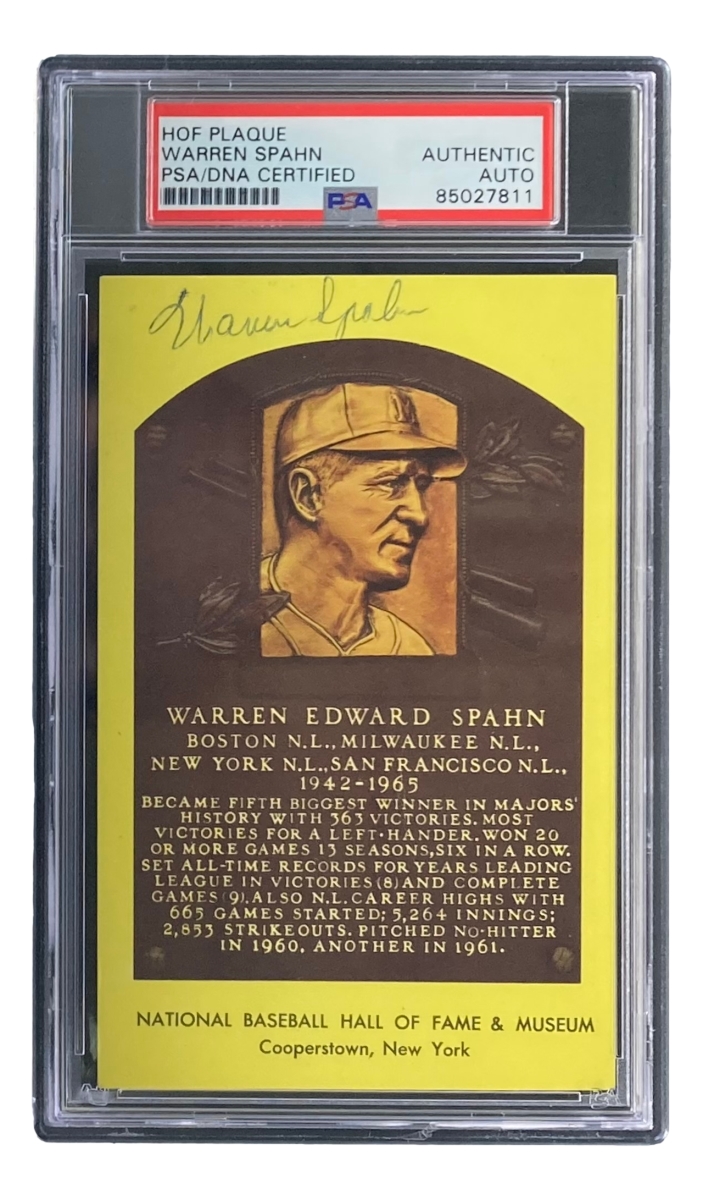 51645 Warren Spahn Signed 4 x 6 in. Milwaukee Braves Hall Of Fame Plaque Card PSA & DNA 85027811