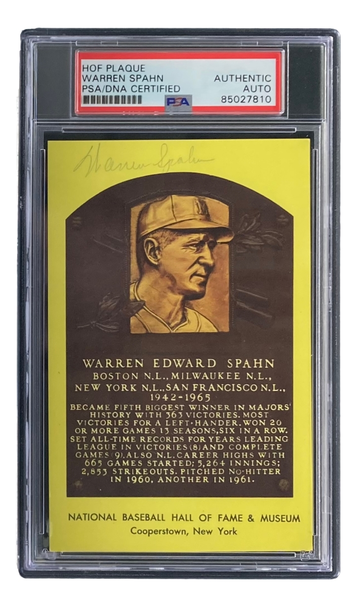 51646 Warren Spahn Signed 4 x 6 in. Milwaukee Braves Hall Of Fame Plaque Card PSA & DNA 85027810