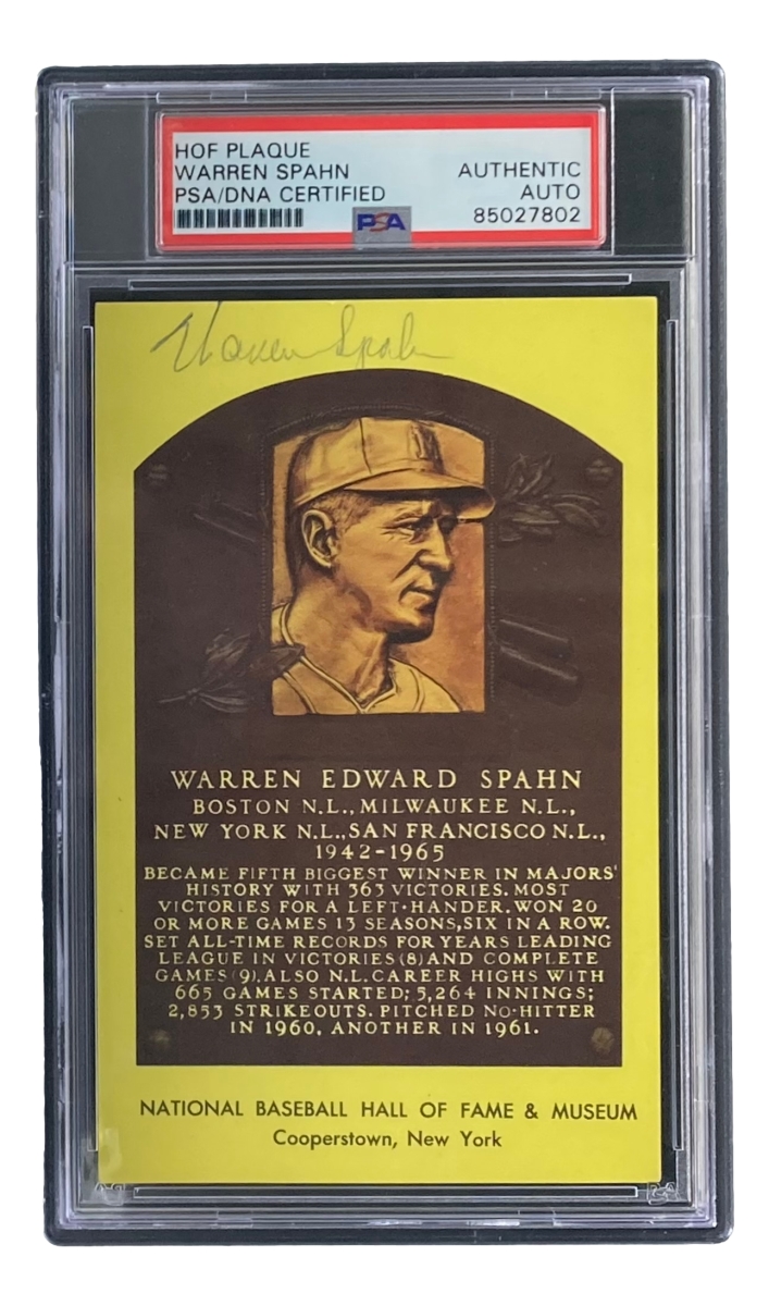 51650 Warren Spahn Signed 4 x 6 in. Milwaukee Braves Hall Of Fame Plaque Card PSA & DNA 85027802