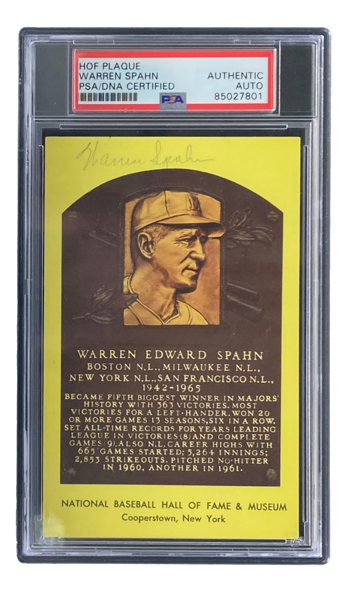 51651 Warren Spahn Signed 4 x 6 in. Milwaukee Braves Hall Of Fame Plaque Card PSA & DNA 85027801