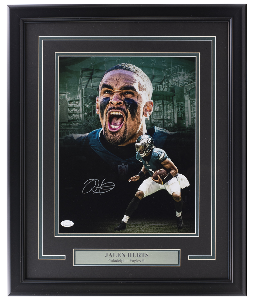 47681 Jalen Hurts Signed Framed Eagles 11 x 14 in. Football Scream Collage Photo JSA