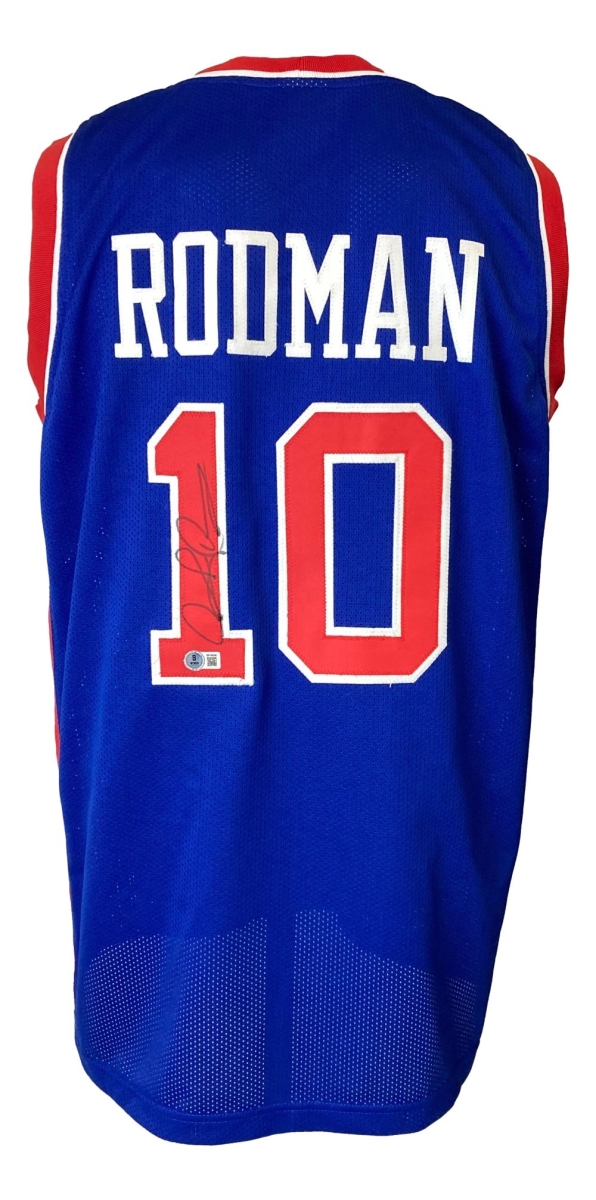 57644 Dennis Rodman Detroit Signed Blue Basketball Jersey BAS