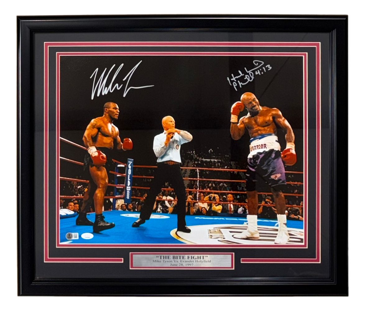 61029 Mike Tyson Evander Holyfield Signed Framed 16 x 20 in. Bite Fight Photo JSA Plus BAS