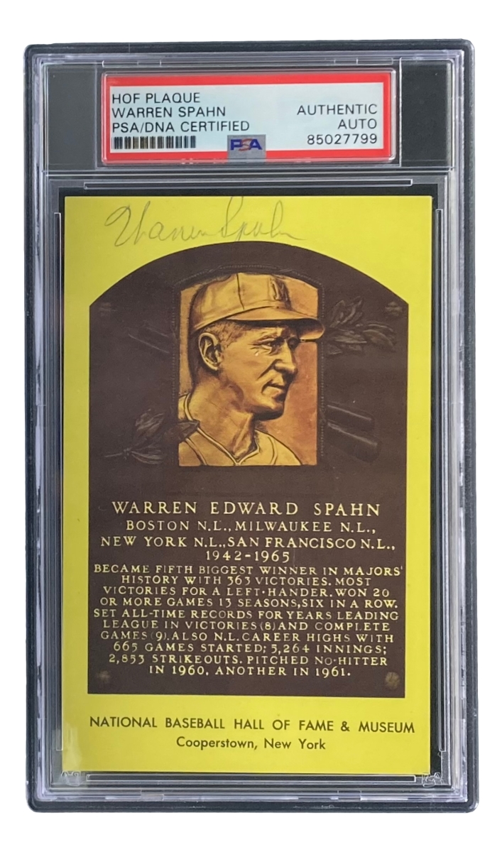 51653 Warren Spahn Signed 4 x 6 in. Milwaukee Braves Hall Of Fame Plaque Card PSA & DNA 85027799