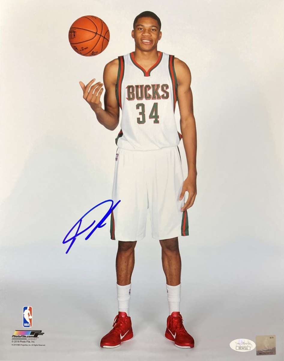 54575 Giannis Antetokounmpo Signed 11 x 14 in. Milwaukee Bucks White Photo JSA