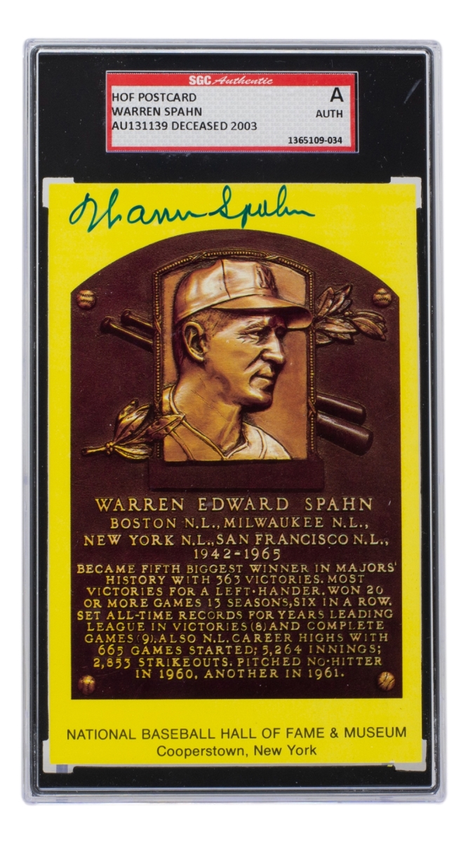 45000 Warren Spahn Signed Slabbed Milwaukee Braves Hall of Fame Plaque Postcard SGC