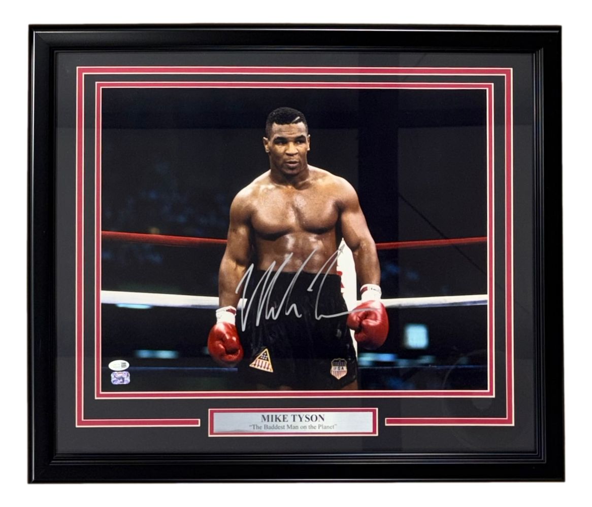 58956 Mike Tyson Signed Framed 16 x 20 in. Stare Boxing Photo JSA QR Hologram