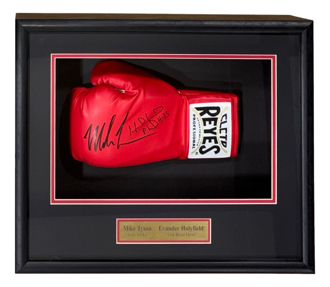 58977 Mike Tyson Evander Holyfield Signed Framed Left Hand Red Cleto Reyes Glove JSA