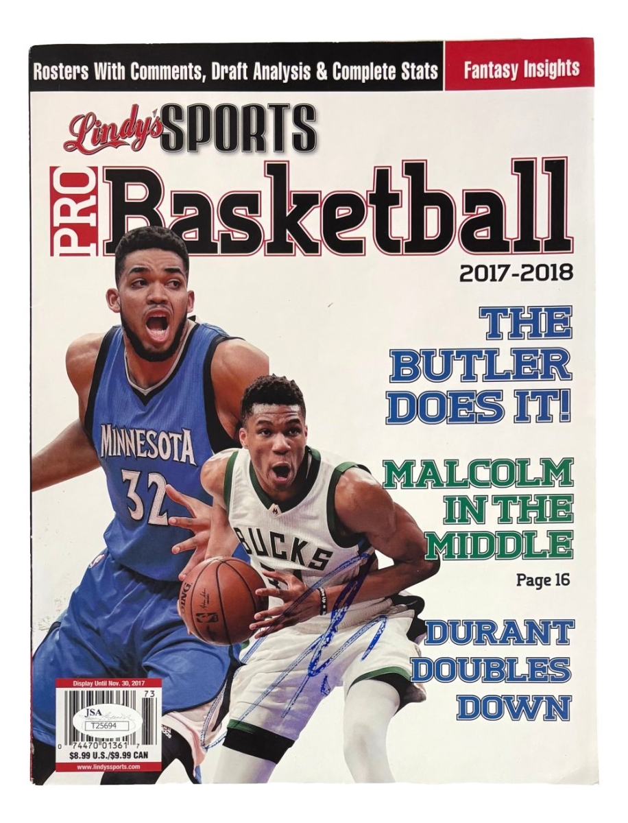 59867 Giannis Antetokounmpo Bucks Signed 2017-18 Lindy Sports Basketball Magazine JSA