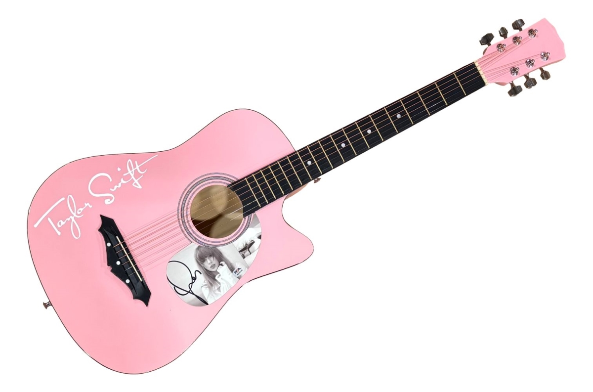 61213 Taylor Swift Signed 38 in. Totured Poets Department Pink Acoustic Guitar 3 PSA Holo