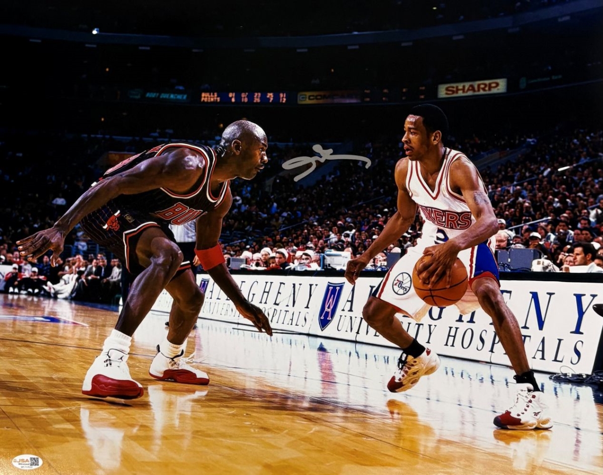 61214 Allen Iverson Signed 16 x 20 in. Philadelphia 76ers vs Michael Jordan Photo 2 JSA QR